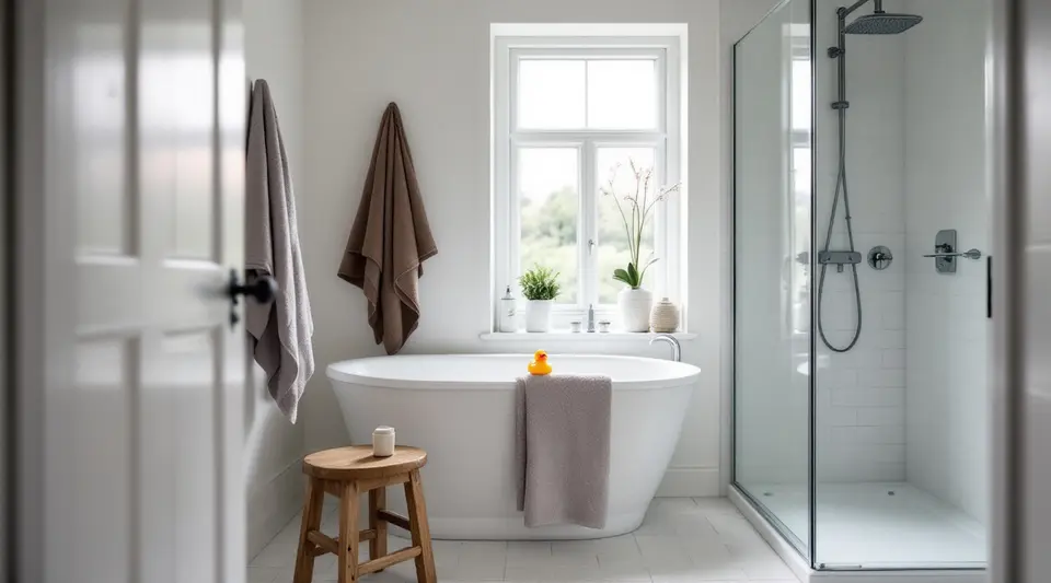 Een gezinsbadkamer met een ligbad onder het raam, een inloopdouche, een houten krukje en twee handdoeken