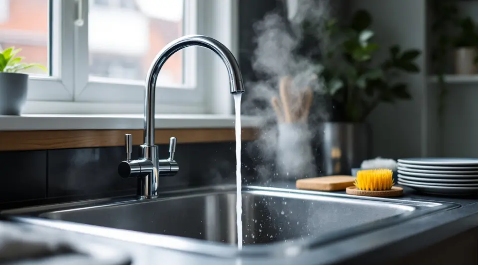 Warm water stroomt uit een kraan in een rvs-gootsteen, met wat damp en een afwasborstel
