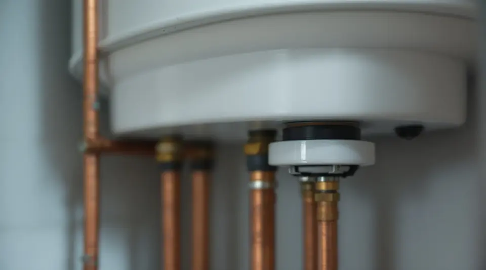 Close-up van de onderkant van een witte boiler met koperen aansluitleidingen en messing kranen