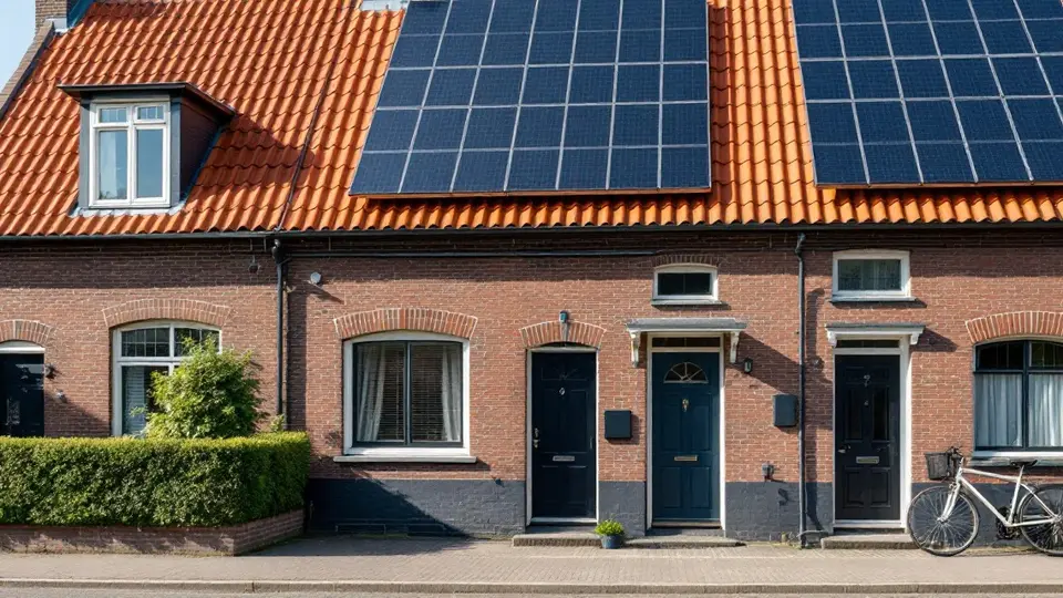 Zwarte zonnepanelen op het oranje pannendak van een rij bakstenen rijtjeshuizen, met een fiets tegen de gevel
