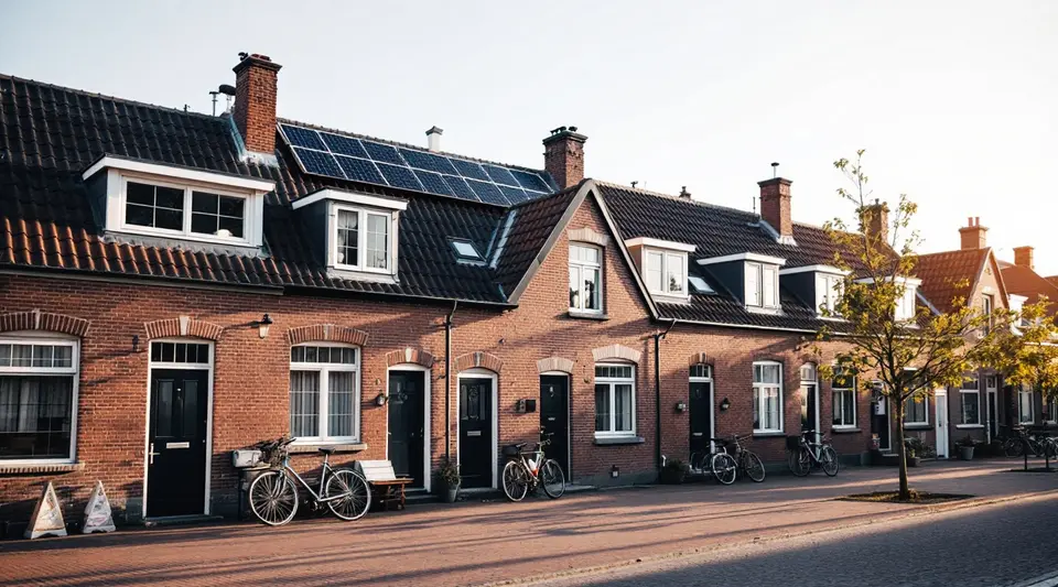Een rij Nederlandse rijtjeshuizen van baksteen met zonnepanelen op het dak en fietsen op de stoep