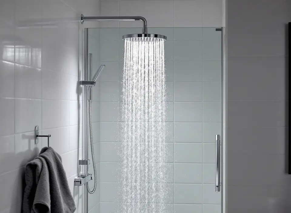 Warm water stroomt uit een regendouche in een witbetegelde badkamer met een glazen douchewand