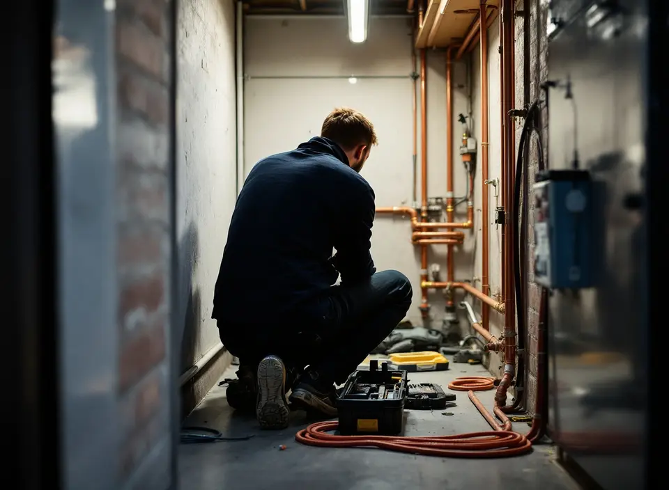 Een installateur, van achteren gezien, zet koperen waterleidingen vast in een smalle berging