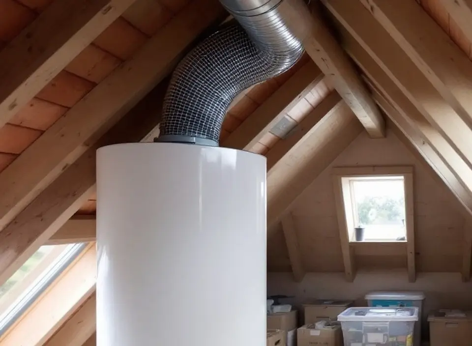 Een witte boiler op een zolder onder houten dakspanten, met een luchtslang naar het dak en een dakraam