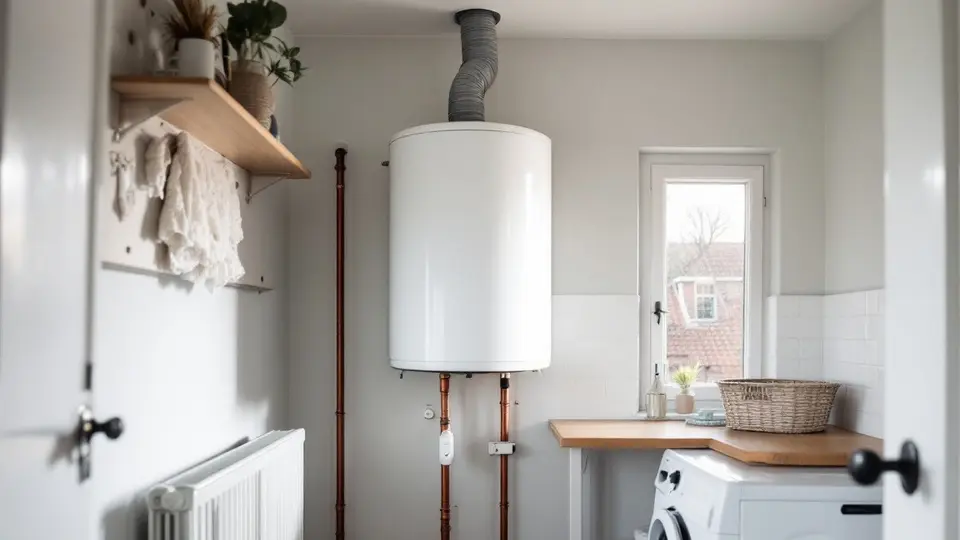 Een witte boiler aan de muur van een bijkeuken, met een grijze luchtslang naar het plafond, koperen leidingen naar de vloer en een wasmachine onder het werkblad