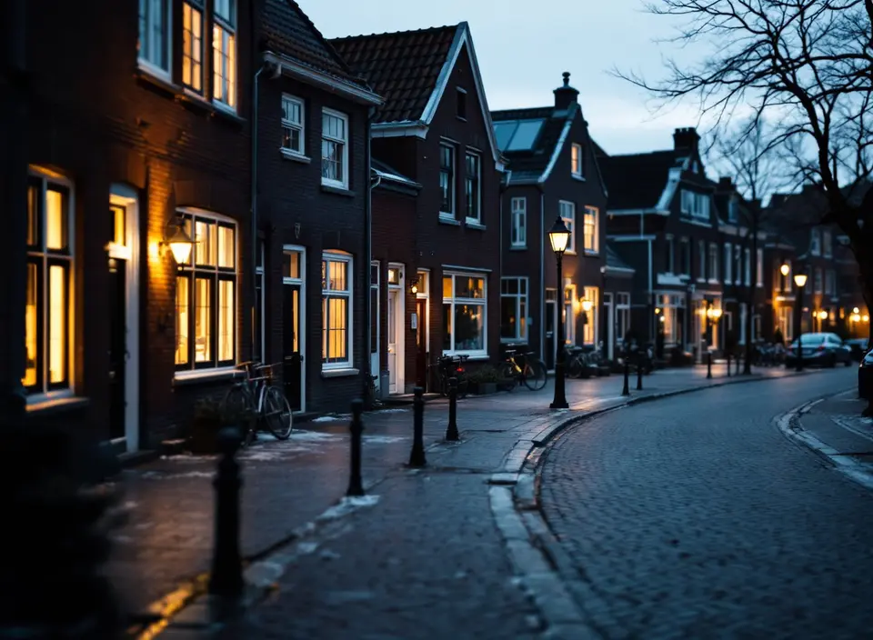 Een stille straat met bakstenen rijtjeshuizen in de winterschemering, met licht achter de ramen