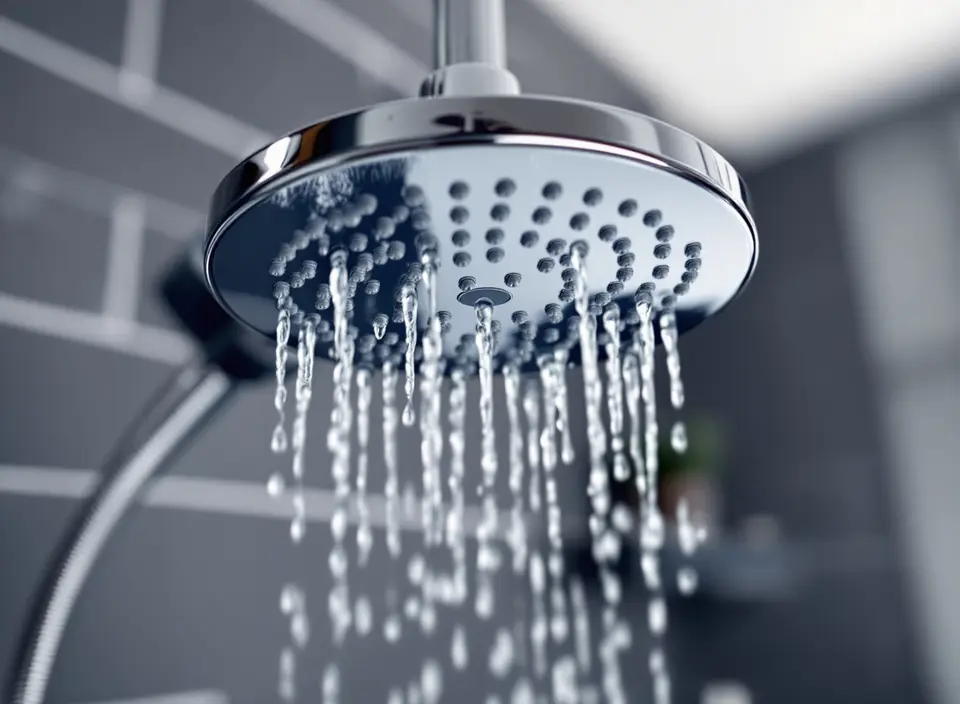 Een ronde douchekop van dichtbij, met vallende waterdruppels voor een donkere tegelwand
